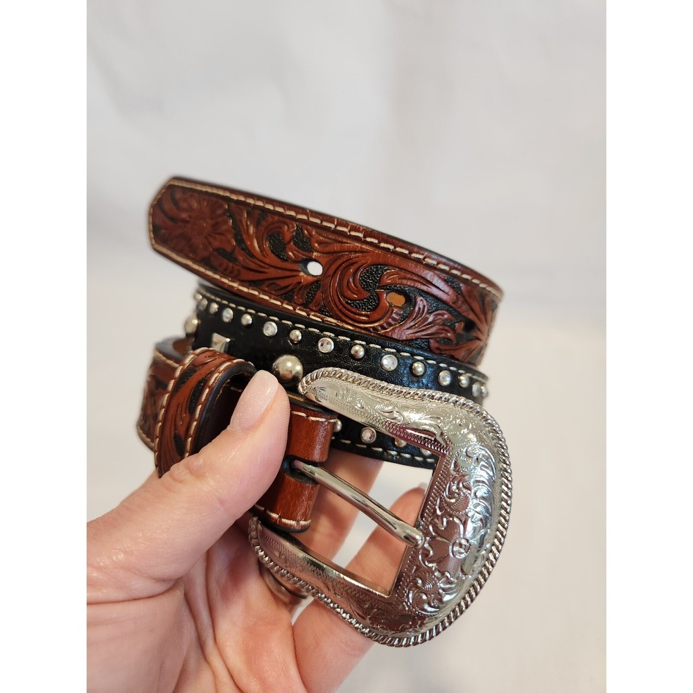 Nocona Floral Embossed Western Belt Men Youth 32x1.25" Brown Black Studded Rodeo